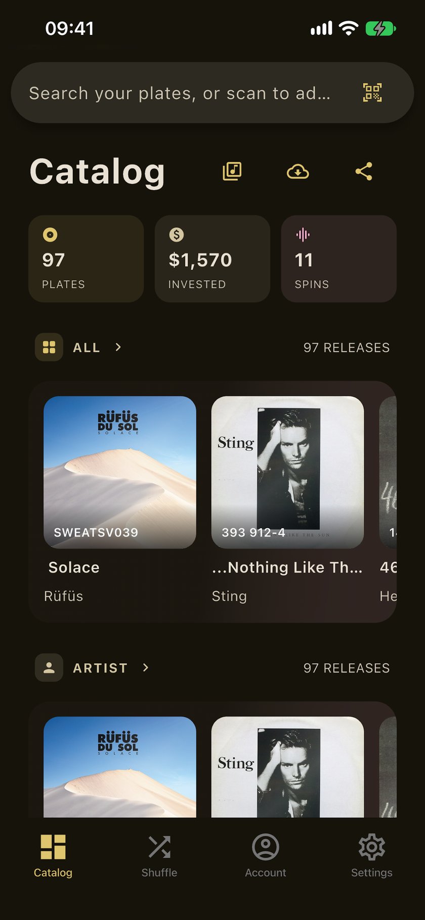VinylCatalog app showing a vinyl record catalog