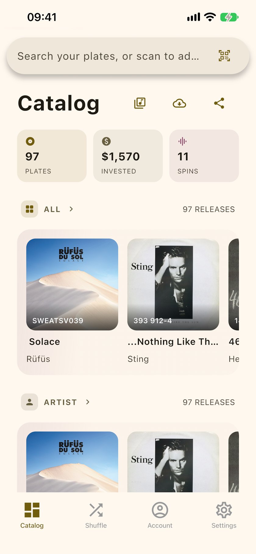 VinylCatalog app showing a vinyl record catalog